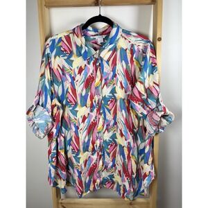 Intro❤️  Women's Top Size Large Linen Blend Multi Color Roll Sleeves (B3)